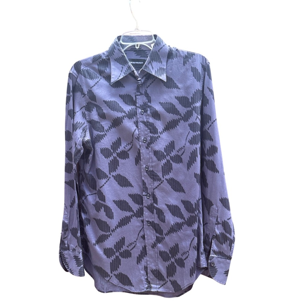 EMPORIO ARMANI.M. Men's Blue/Black Geometric Print Long Sleeve button down shirt